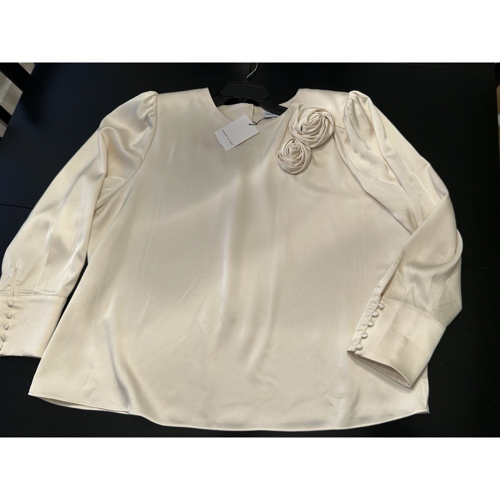 New Dressy Rosette Blouse 2XL Top Covered Cuff Buttons Ivory 3D Roses Top